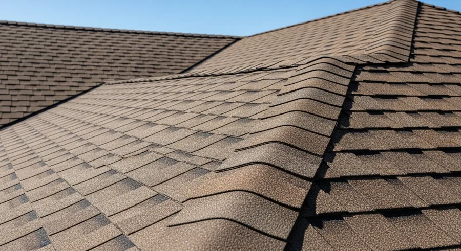 Close view of brown asphalt shingles meeting along a roof ridge and hips